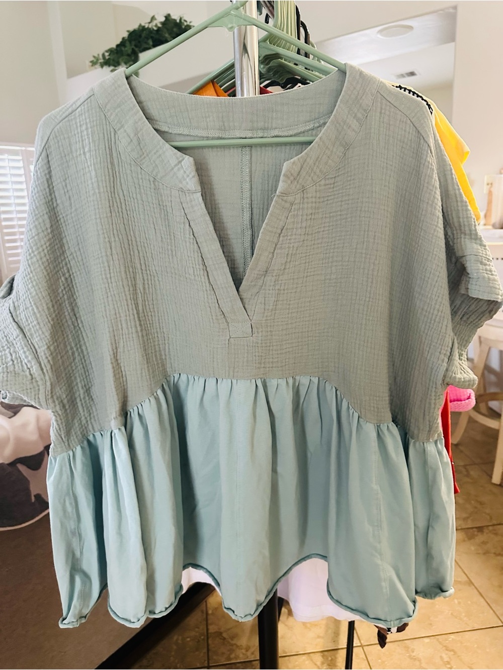 Umgee Light Sage Two-Tone Ruffle Peplum Tunic
